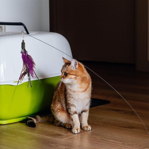 Plume-Like Teasing Cat Wand with Bell, 4pcs Replacement Heads, Strong Suction Base, Indoor Interactive Teaser for Cats and Kittens