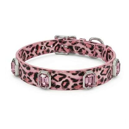 Luxury K9 Crystal Dog Collar -Waterproof Wear-Resistant Microfiber Leather with Hand-Set Rhinestone Gems, Durable Metal Buckle, Adjustable Bling Collar for Small Medium Large Dogs (Pink Leopard, L) - color: Pink Leopard, size: L(FIT,NECK:14.5"-18")