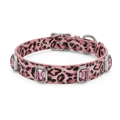 Luxury K9 Crystal Dog Collar -Waterproof Wear-Resistant Microfiber Leather with Hand-Set Rhinestone Gems, Durable Metal Buckle, Adjustable Bling Collar for Small Medium Large Dogs (Pink Leopard, L) - color: Pink Leopard, size: L(FIT,NECK:14.5"-18")
