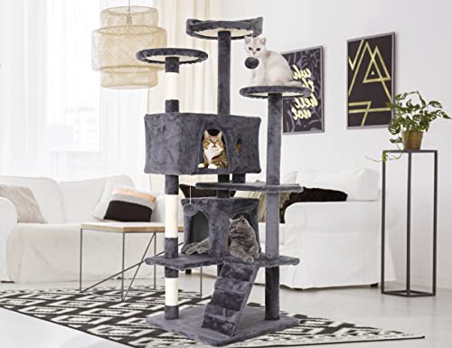 54'' Tall Cat Tree for Indoor Cats, Multi-Level Furniture with 3 Scratching Post, Stand Platform and 2 Condo, Tower Funny Toys, Corner Towers Large Cats Light Grey - color: Light Grey
