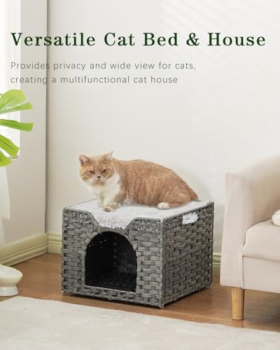 SETVSON Cat Beds Indoor Kitten House, Handwoven Rattan Cat Cave Pet Cube, Large Cat Houses, One Bed Mat, Foldable, Hideaway, 16.5x16.5x13.2 Inches, 2 S-Shaped Hooks in Living Room Bedroom Gray - color: Gray, size: Rectangle-M