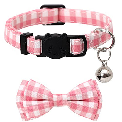 2 Pack/Set Cat Collar Breakaway with Cute Bow Tie and Bell Plaid Flower for Kitty Adjustable Safety - color: Pink
