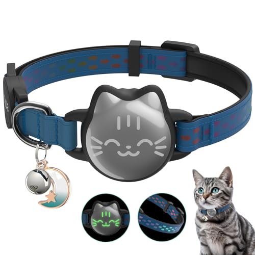 Waterproof Airtag 2nd & 1st Cat Collar, Breakaway Cat Airtag Collar with Luminous & Reflective Pattern Strap, Lightweight Kitten Collars for Apple Air tag, Hidden Holder - Cats, Kittens - color: Cyan Blue