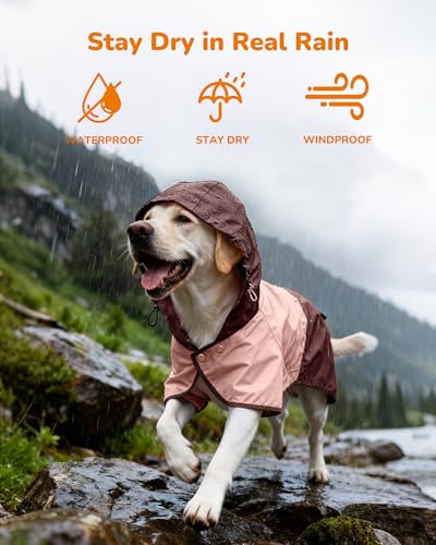 Waterproof Dog Raincoat with Hood, Extended Coverage Rain Jacket for Large Dogs, Wind-Resistant Secure Fit with Leg Straps, Reflective, Leash Hole, Easy Hook & Loop Fastener On/Off, Pink, L - color: Pink, size: Large