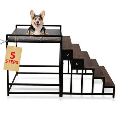 Flip&Catch Dog Window Perch with 5 Step Dog Stairs, Dog Stairs with Storage for High Beds & Couches, Safe & Sturdy Structure for Small and Medium Dogs up to 110 lbs Ideal Window Seat for Dogs with 33"