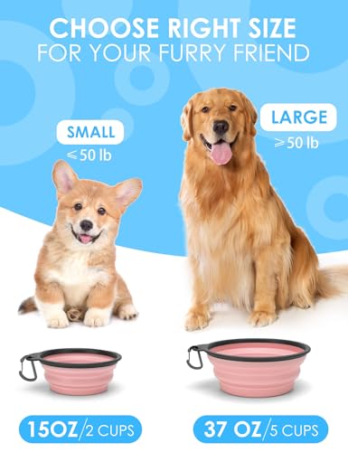 Aonkey Collapsible Dog Bowls with Bottle Carrier, 2 Pack Travel Dog Water Bowl Upgraded Carabiner, One-Piece Molded Rim No Fall Off or Crack 37oz, Blue & Pink - color: 7. Sky Blue & Pink, size: Large (Pack of 2)