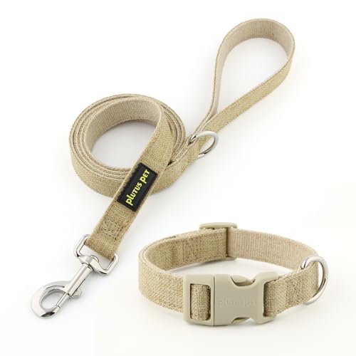 Plutus Pet Cotton Hemp Dog Collar and Leash Set, Adjustable Collar for Small, Medium, and Large Dogs, Heavy Duty and Soft on Skin, Khaki, S - color: Khaki, size: Small