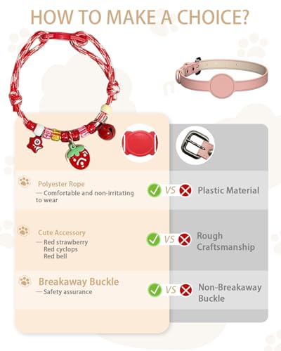 GoldTiger Beaded Cat Collar，Cute Cat Collar with Breakaway and Strawberry Pendant - Adjustable Bracelet Style for Medium to Small Cats, Size 7.87~11.81 Inches - color: red
