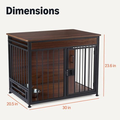 Amazon Basics Furniture Style Dog Crate, Sturdy Wooden Pet Kennel, End Table with Space for Pet, Two Bowls Included, 30" x 20.4" x 23.6", Walnut - size: 30''