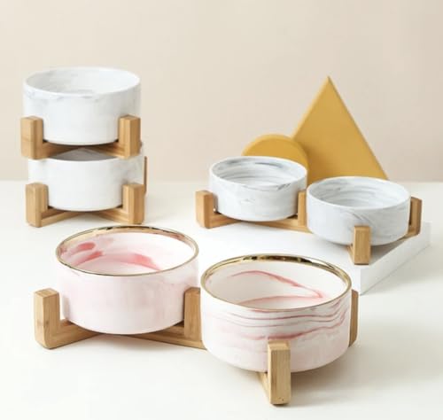 Ceramic Pet Bowl (Marble Design) Set of 2 with Stand, 2cups and 4 Cups Capacity (Marble Grey w/Gold, Small, 2 Cups per Bowl) - color: 1. S-Marble Grey Gold, Small, 2 cups per bowl