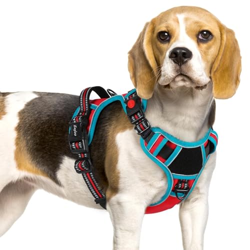 Dog Harness Small Sized, Easy Wearing with 3 Buckles, Adjustable No Pull Pet Harness with 2 Rings for Walking, No Chock Reflective Soft Padded Vest with Control Handle, Red & Teal, S - color: Red & Teal, size: Small