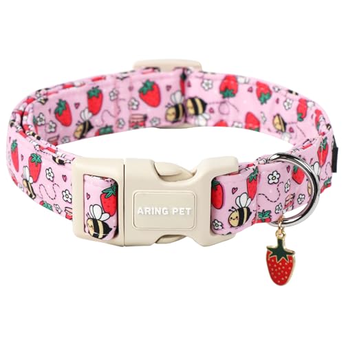 ARING PET Summer Dog Collar-Cute Pink Dog Collar for Small Dogs, Adjustable Strawberry Bees Print Pet Collars Puppy Collar for Small Medium Large Dogs - color: Strawberry, size: X-Small