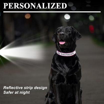 Reflective Personalized Dog Collar - Custom Embroidered Pet Name and Phone Number with Adjustable Nylon Buckle Collars in 5 Sizes XS to XL for Boy and Girl Dogs,Puppy,Pink - color: Pink