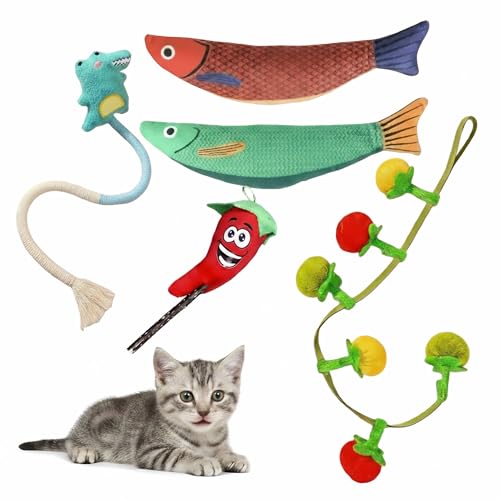 5 Pcs Ultimate Cat Toys Set with Natural Catnip Toys & Silvervine, 2 Plush Fish, Chili Chew, Silent Dino Rope & Hanging Tomato, Relieves Anxiety, Teething Aid, Quiet Play for Indoor Cats