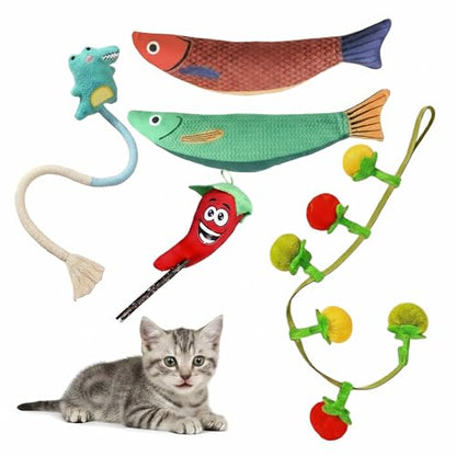 5 Pcs Ultimate Cat Toys Set with Natural Catnip Toys & Silvervine, 2 Plush Fish, Chili Chew, Silent Dino Rope & Hanging Tomato, Relieves Anxiety, Teething Aid, Quiet Play for Indoor Cats