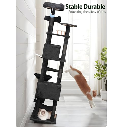 Meecal 79inch Giant Cat Tree for Heavy Duty Big Cats, Multi-Level Luxury Cat Tower with Scratching Post, Cat Condo with Hammocks & Plush Perches for Indoor Cats Large Adult, Black - color: Black