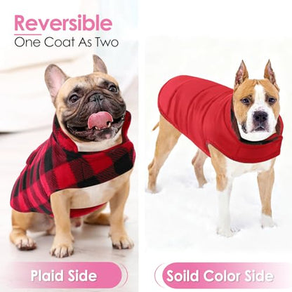 AOFITEE Reversible Dog Coat, Warm Winter Jacket, Thick Padded Vest with Leash Hole, Cotton Material, Plaid Print, Small (23'' Chest) - color: Red, size: Small