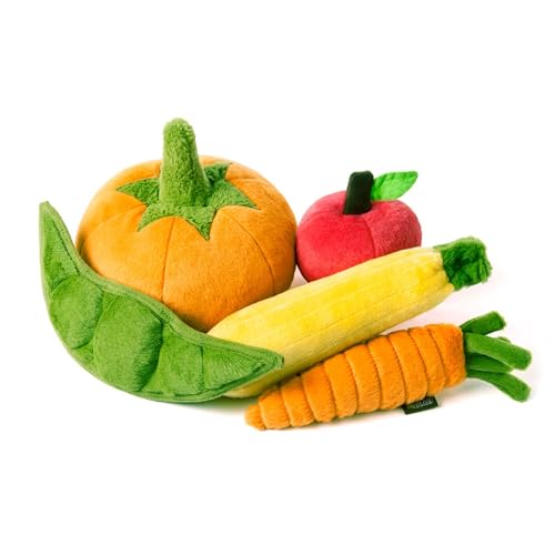 P.L.A.Y. Cute Plush Dog Toys - Fruit & Vegetable Themed Durable Squeaker Chew Toy, Great for Puppies & Small, Medium, Large Dogs - Machine Washable, Recycled Materials (5 Piece Set) - color: Multi, size: Medium