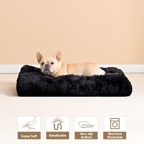 EHEYCIGA Fluffy Dog Crate Bed for Small Dogs, Plush Faux Fur Crate Pad, Calming Anti Anxiety Small Dog Bed, Washable Soft Warm Mat with Non-Slip Bottom, Black - color: Black, size: 23.6 x 17.5