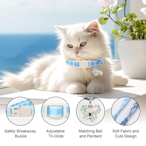 2 Pack Cute Cat Collars - Blue Plaid & Floral Breakaway Cat Collars, Adjustable Boy Girl Kitten Safety Collar for Small Dogs Puppy, Everyday Pet Collar with Bell & Pendant - color: Blue Plaid&Floral