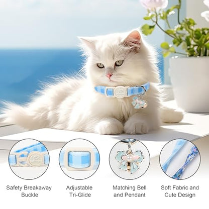 2 Pack Cute Cat Collars - Blue Plaid & Floral Breakaway Cat Collars, Adjustable Boy Girl Kitten Safety Collar for Small Dogs Puppy, Everyday Pet Collar with Bell & Pendant - color: Blue Plaid&Floral