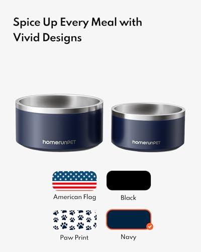 HomeRunPet Dog Bowls, Durable Dishwasher Safe Double Wall Metal Insulated Stainless Steel Food Water Bowls with Non-Slip Rubber Base, Ideal for Small Medium and Large Dogs (32oz, Navy) - color: Navy