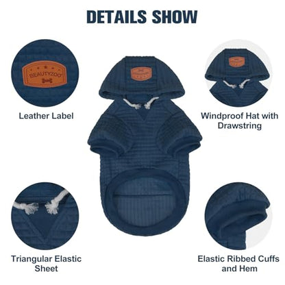 BEAUTYZOO Small Dog Hoodie Sweater with Pockets, Dog Clothes for Small Medium Dogs Boy Girl, Waffle-Like Laminated Pet Coats with Hat and Leash Hole, Navy Blue S - color: Navy Blue, size: S (Back: 12",Chest: 16", Neck: 10")
