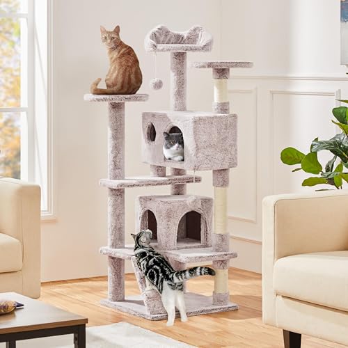 Yaheetech 54in Cat Tree, Cat Tower with Double Condo, Sisal Scratching Posts, and Dangling Balls, Pet Furniture Kitten Play House - color: Brown/White, size: 54in