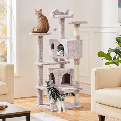 Yaheetech 54in Cat Tree, Cat Tower with Double Condo, Sisal Scratching Posts, and Dangling Balls, Pet Furniture Kitten Play House - color: Brown/White, size: 54in