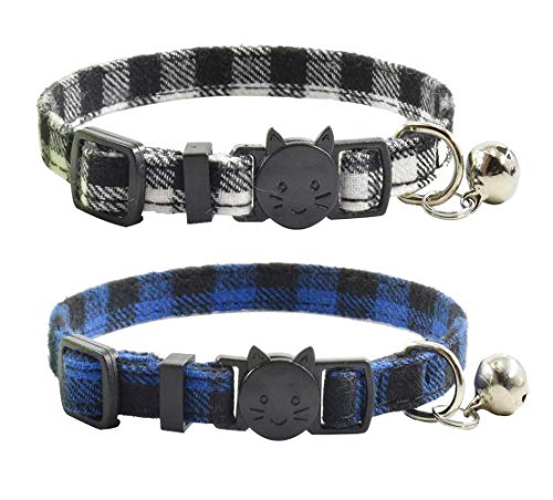 Cat Collar Breakaway with Bell, Cute Plaid Patterns Design Adjustable Kitty Safety Collars 2 Pack Pet Collar for Cats(7-11inches, Black+Blue) - color: Black+Blue
