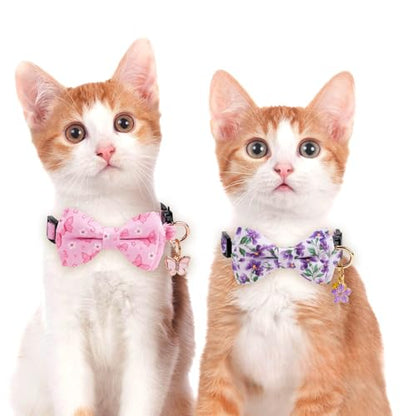 2 Pack Cotton Cat Collar with Bow Tie and Bell for Girl Boy Cats,Cute Pink Flamingo and Blue Whale Pattern Spring Summer Breakaway Cat Collar for Male Female Cats (Butterfly&Violet) - color: Butterfly&Violet