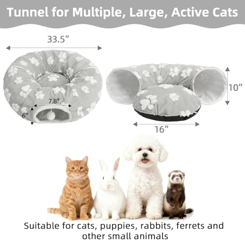 Cat Tunnel Bed for Indoor Cats- Cute Cat Dount Play Tunnel, Soft Plush Peekaboo Kitten Cave with Washable Cushion, Collapsible Multifunctional Round Pet Playground Toys for Kitty Small Puppy Rabbit - color: Gray Paw