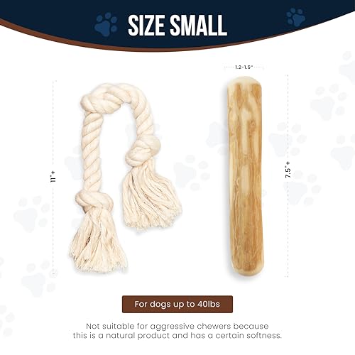 Coffee Wood Dog Chews 7.5" & Dog Rope Toys 100% Natural for Teething, Stress Relief, Dental Health, Organic Toys - Size S - size: Small