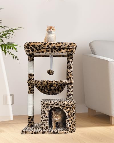 SYANDLVY Small Leopard Print Cat Tree for Indoor Cats, Cat Tower with Scratching Post, Modern Cat House with Padded Perch, Kittens Condo with Cradle, Cat Cave - color: Leopard Print