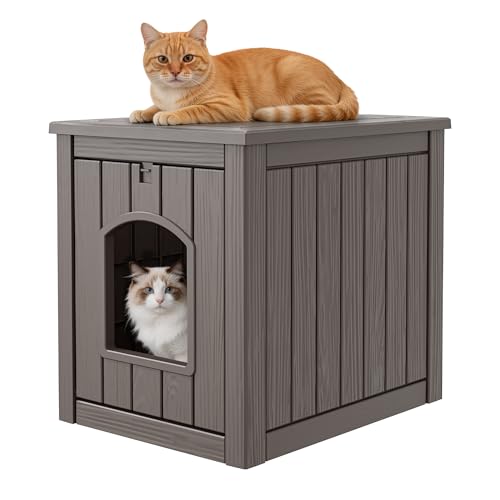 Outdoor Cat House Weatherproof, Resin Cat Houses for Outdoor Indoor Cats, Cat Box Enclosure, Easy to Assemble & Clean, Grey - color: Grey, size: 24.6"D x 19.5"W x 23"H