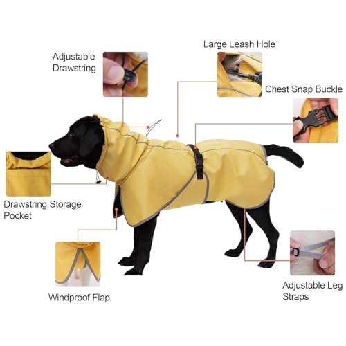 Large Dog Raincoat Waterproof - Adjustable Dog Poncho Raincoat Lightweight Rain Jacket with Soft Lining for Large Dog Yellow (X-Large) - size: X-Large