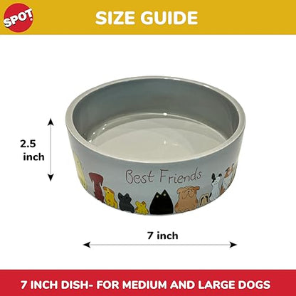 SPOT Best Friends Pet Food Dish - Food or Water Ceramic Bowl for Pets, Ideal for Medium & Large Dogs, Dishwasher Safe, 5 Cups (40oz) Capacity - 7in, Light Grey - size: 7 inch