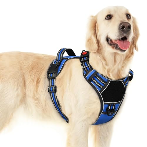 Dog Harness for Large Dogs, Easy Wearing with 3 Buckles, Adjustable No Pull Pet Harness with 2 Rings for Walking, No Chock Reflective Soft Padded Vest with Control Handle, Blue & Black, L - color: Blue & Black, size: Large