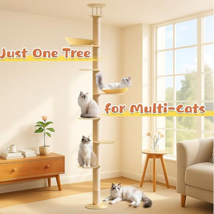 Solid Real Wood Floor to Ceiling Cat Tree, 7 Level Adjustable Height (105"-122"), Modern Climbing Tower with Thickened Wooden Sisal Scratching Posts & Cozy Bed for Indoor Cats Large Adult - size: 7 Level | 105-122 in