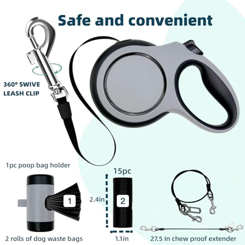 26ft Retractable Dog Leash for Large Dogs with Poop Bag Holder,Heavy Duty Retractable Dog Leash with Chew Proof Extender,One-Hand Lock System,Impact-Resistant,Up to 110 lbs (Grey) - color: Grey