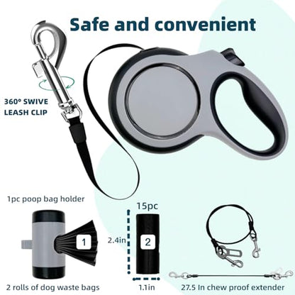 26ft Retractable Dog Leash for Large Dogs with Poop Bag Holder,Heavy Duty Retractable Dog Leash with Chew Proof Extender,One-Hand Lock System,Impact-Resistant,Up to 110 lbs (Grey) - color: Grey