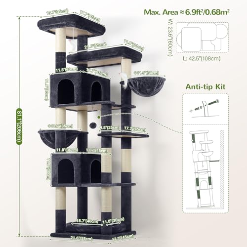 Globlazer Heavy Duty Cat Tree, 81 inch Extra Large Cat Tree for Indoor Cats Large Adult, Sturdy Cat Tower with 8 Scratching Post, 2 Cat Condos, 2 Platform, S81C, Dark Grey - color: Dark Grey