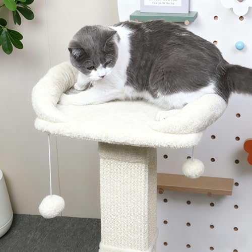 34" Cat Scratching Post for Indoor Cats, Sisal Cat Scratcher with Large Plush Perch, Vertical Posts with Elevated Bed and with Two Dangling Balls, Removable & Washable Cover, Beige White - color: Beige white