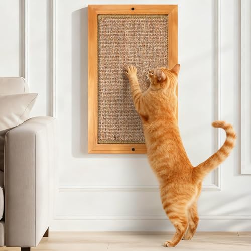 Wooden Sisal Cats Wall Scratcher, Floor or Wall Mounted Cat Scratching Mat, Durable Cat Scratch Pads for Indoor Cats, Framed Sisal Scratch Pad Mat, Wall Cat Scratching Post for Furniture Protector - size: Large