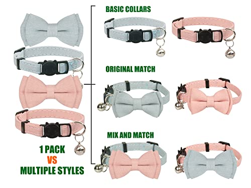 Cat Collar Breakaway Bowtie Safety with Bell Adjustbale Kitten Puppy Solid Plaid Color Set A-[2pcs] Pink & Blue Grey - color: A-[2pcs] Pink & Blue Grey