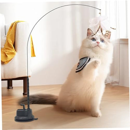 Suction Cup Cat Toy 35in Flexible Steel Cat Wand with Stand & DIY Refill Head 2-in-1 Hands-Free & Handheld Fun Teaser Toy for Indoor Home, Teaser