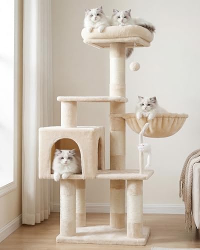 Heybly Cat Tree with Toy, Cat Tower condo for Indoor Cats, Cat House with Padded Plush Perch, Cozy Hammock and Sisal Scratching Posts, Beige HCT004SM - color: Beige, size: 43.3 inch