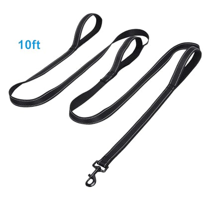 Jiozermi 10ft Dog Leash with 3 Handles, Heavy Duty Dog Lead with Padded Traffic Handle, Reflective Stitching Large Leash for Running Walking Training(Black) - color: Black