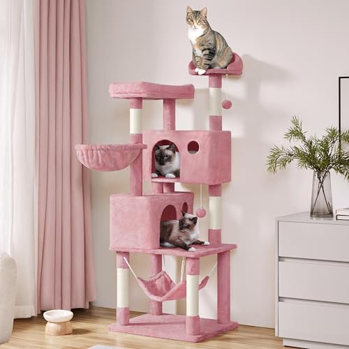 Yaheetech 64.5in Extra Large Cat Tree, Multi-Level Sturdy Tower with 2 Perches, 2 Condos, 5 Sisal Scratching Posts, Hammock Basket & Dangling Balls, Ideal for Large Kitty Multi-Cat Households, Pink - color: Pink, size: 64.5in