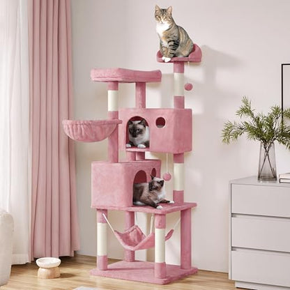 Yaheetech 64.5in Extra Large Cat Tree, Multi-Level Sturdy Tower with 2 Perches, 2 Condos, 5 Sisal Scratching Posts, Hammock Basket & Dangling Balls, Ideal for Large Kitty Multi-Cat Households, Pink - color: Pink, size: 64.5in